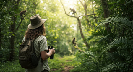 A person with a hat and backpack holding binoculars is observing wild monkeys in the dense, sunlit tropical jungle.の素材