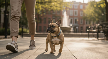 A cute French Bulldog with a blue collar is walking confidently on a city sidewalk next to its owner's legs, with a fountain in the background.の素材