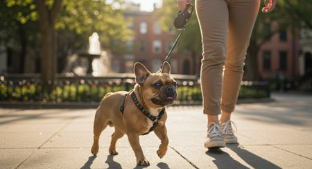 A French bulldog on a leash walks alongside its owner on a city park sidewalk. The scene is bathed in warm afternoon sunlight, with trees and a fountain.の素材