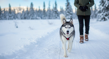 A happy husky dog with striking blue eyes is walking on a snowy path, accompanying a person in a winter forest.の素材
