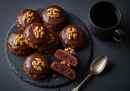 New Zealand Afghan biscuits with chocolate icing and a walnut on top. These delicious cornflake cookies are served on a dark slate plate with coffee.の素材