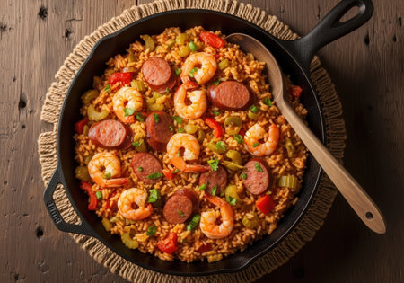 A top-down view of traditional Cajun Jambalaya in a cast iron skillet. This hearty dish is filled with shrimp, andouille sausage, rice, and vegetables.の素材