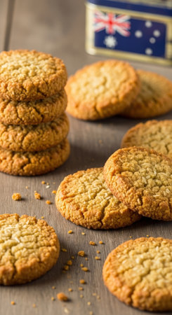 Delicious homemade Anzac biscuits, a traditional Australian and New Zealand treat made with oats and coconut. The golden cookies are on a wooden table.の素材