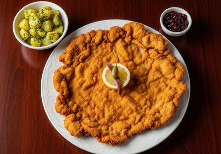 Authentic Austrian Wiener Schnitzel with golden crust. Garnished with lemon, caper, anchovy. Served with potato salad, lingonberry jam. Delicious classic.の素材