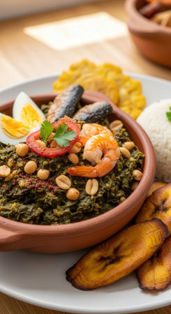 A delicious plate of traditional Cameroonian ndole. A rich bitterleaf and peanut stew, served with shrimp, fish, fried plantains, and rice.の素材