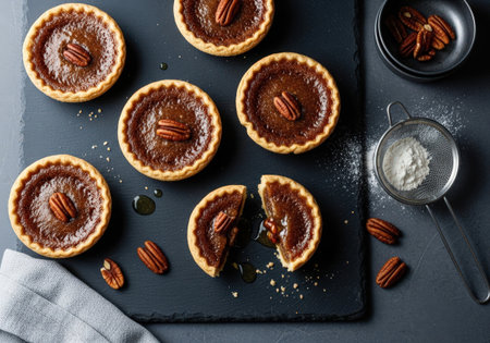 A top-down view of Canadian butter tarts on a dark slate board. These sweet pastries have a flaky crust, a gooey filling, and are topped with pecans.の素材