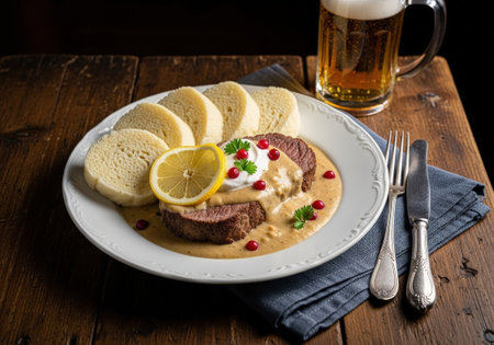 A traditional Czech dish of svickova na smetane. Beef sirloin in a cream sauce is served with bread dumplings, a lemon slice, and a glass of beer.の素材