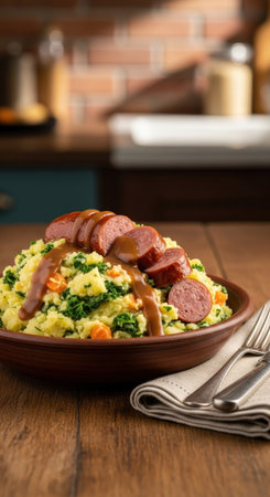 A delicious plate of traditional Dutch stamppot with smoked rookworst sausage, mashed potatoes, kale, carrots, and a rich gravy in a rustic bowl.の素材