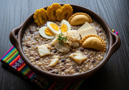 Ecuadorian Fanesca, a traditional Easter soup with salt cod, eggs, empanadas, and plantains. This hearty dish celebrates Holy Week with rich flavor.の素材