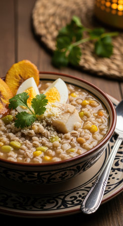 A hearty bowl of traditional Ecuadorian fanesca, a rich soup with cod, beans, and grains. Garnished with egg, cilantro, and fried plantains.の素材