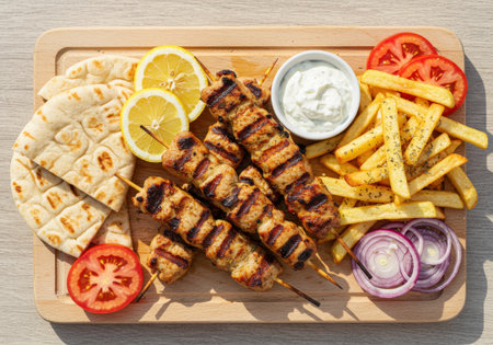 A delicious platter of traditional Greek chicken souvlaki served on a wooden board with tzatziki sauce, pita bread, fries, and fresh tomatoes.の素材