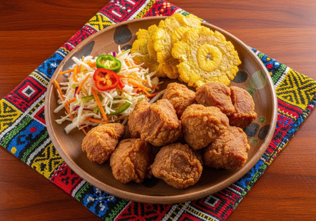 A traditional Haitian platter of Griot, or fried pork chunks. Served with pikliz coleslaw and fried green plantains on a colorful placemat.の素材