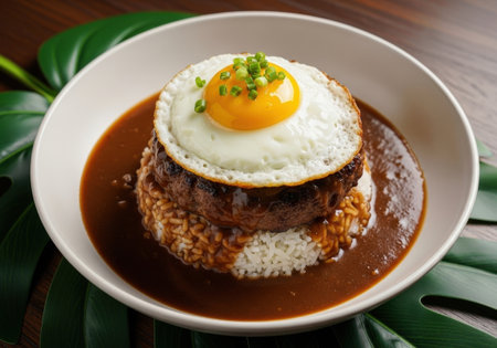 A traditional Hawaiian loco moco with a hamburger patty on rice, smothered in gravy. Topped with a perfectly fried egg and fresh green onions.の素材