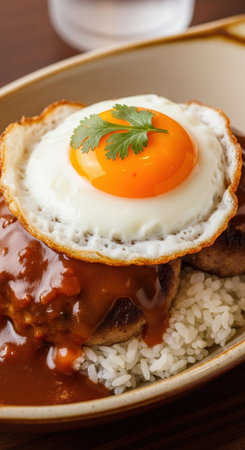 A delicious bowl of Hawaiian loco moco, a classic comfort food. Features a hamburger patty and a fried egg on rice, smothered in brown gravy.の素材
