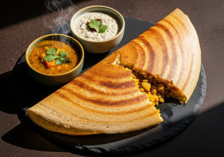 A traditional Indian Masala Dosa, a savory crepe with a spiced potato filling. Served hot with steaming sambar and coconut chutney on a dark slate plate.の素材