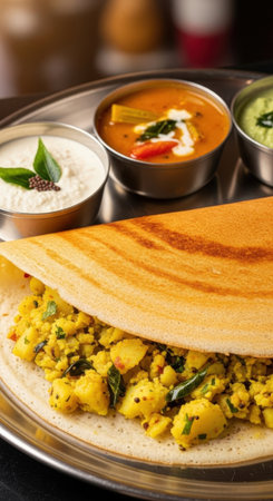 A delicious south indian masala dosa. The crispy crepe is filled with spiced potatoes and served with sambar and coconut chutney on a traditional thali.の素材