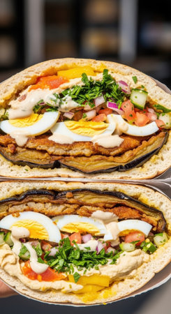 A delicious traditional israeli sabich sandwich with fried eggplant, hard boiled egg, hummus, tahini sauce, and fresh salad in a pita bread.の素材