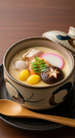 A traditional Japanese Chawanmushi, a savory steamed egg custard. Served hot in a rustic ceramic bowl with shiitake, ginkgo, chicken, and shrimp.の素材