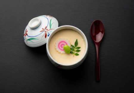 A delicious traditional Japanese chawanmushi, or steamed egg custard, in a ceramic cup. The savory appetizer is topped with kamaboko and edamame.の素材