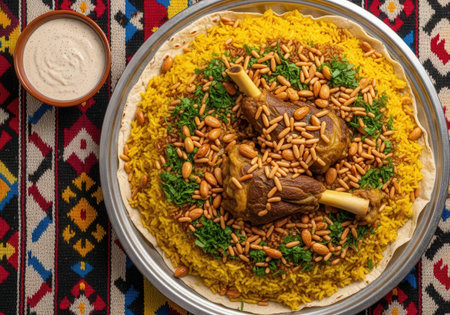 A delicious plate of Mansaf, the national dish of Jordan. Tender lamb and yellow rice are served on flatbread, topped with nuts and parsley.の素材