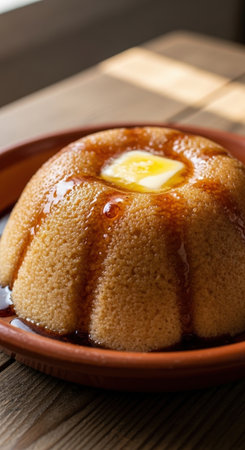 A delicious bowl of traditional Libyan Asida. This hot, steamed wheat pudding is served in a clay bowl, topped with melted butter and date syrup.の素材