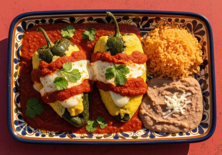 A delicious plate of traditional chiles rellenos. Stuffed poblano peppers are fried in egg batter, topped with sauce, and served with rice and beans.の素材