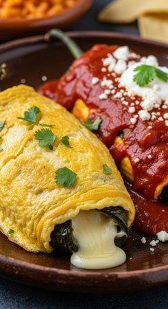 A delicious plate of traditional Mexican chiles rellenos. Poblano peppers are stuffed with melted cheese, covered in egg batter, and topped with sauce.の素材