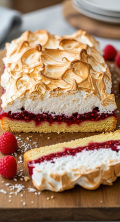 A close-up of a homemade New Zealand Louise Cake. This dessert features a sponge base, raspberry jam, and a beautiful torched meringue topping.の素材