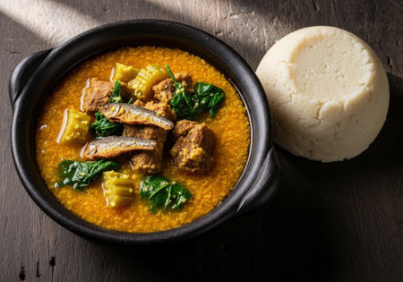 A delicious bowl of traditional Nigerian egusi soup, a rich stew made from melon seeds. Served with meat, fish, greens, and pounded yam fufu.の素材