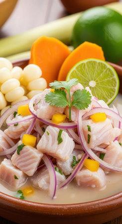 A close-up of traditional Peruvian ceviche. Raw fish is marinated in lime juice, with red onion, sweet potato, and choclo corn in a rustic bowl.の素材