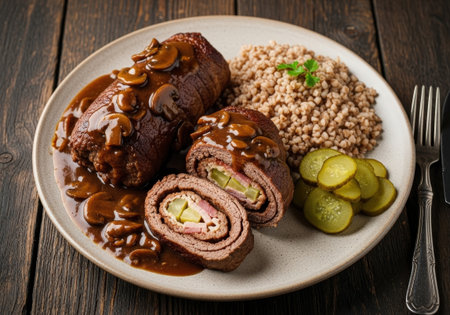 A delicious plate of traditional Polish zrazy. The beef rolls are stuffed with bacon and pickles, and served with mushroom gravy and buckwheat.の素材