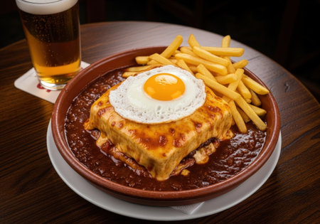 A traditional Francesinha sandwich from Porto, Portugal. This hearty meal has meat, melted cheese, a rich beer sauce, and a fried egg on top.の素材