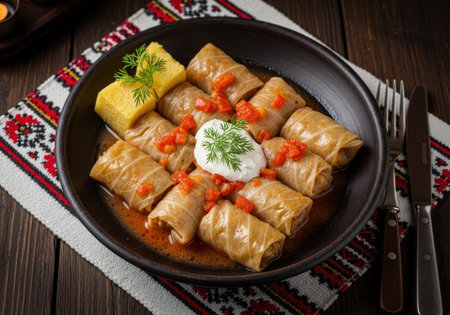 A traditional Romanian dish of Sarmale, or cabbage rolls, served with mamaliga polenta, sour cream, and dill. A hearty meal on a rustic wooden table.の素材