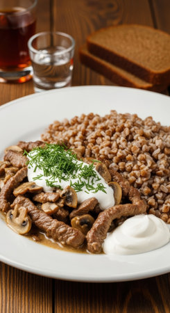 A delicious plate of traditional Russian Beef Stroganoff. Sauteed beef and mushrooms are in a creamy sauce, served with buckwheat and sour cream.の素材