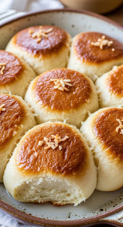 A delicious plate of homemade samoan pani popo, or coconut buns. These soft, sweet rolls are baked in a sticky coconut milk sauce.の素材