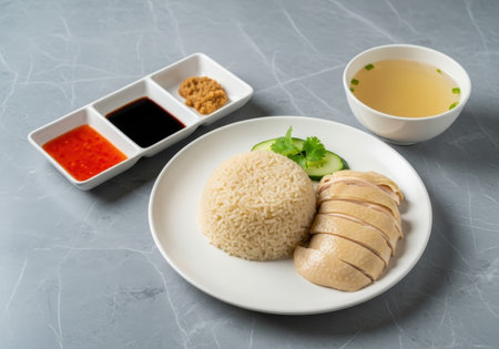 A traditional Singaporean Hainanese chicken rice meal. Poached chicken and fragrant rice are served with chili, soy sauce, ginger, and a clear soup.の素材
