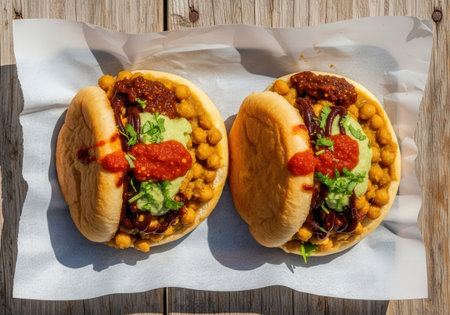 A top-down view of classic Trinidadian doubles. This popular street food features curried chickpeas channa and various sauces in fried bara bread.の素材