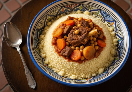 A delicious bowl of traditional Tunisian couscous. The hearty stew features tender lamb, carrots, potatoes, and chickpeas served on fluffy semolina.の素材