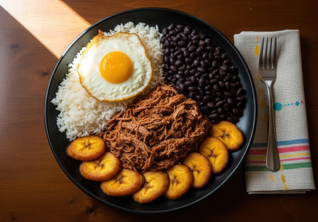 A delicious plate of Pabellon Criollo, the national dish of Venezuela. This hearty meal has shredded beef, black beans, rice, and fried plantains.の素材