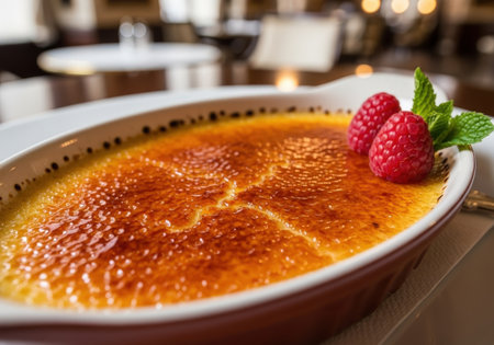 A delicious creme brulee dessert with a caramelized sugar crust. The traditional French custard is served with fresh raspberries and mint.の素材