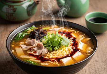 A steaming bowl of hot and sour soup with pork, tofu, and noodles. This classic Chinese dish is served with a traditional tea set for an authentic meal.の素材