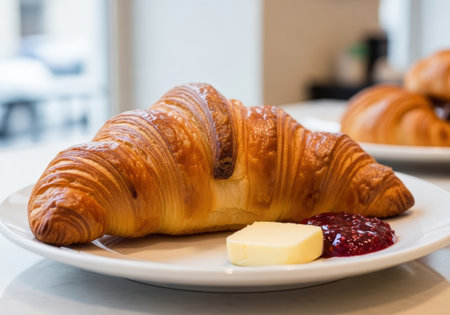 A delicious golden croissant with butter and berry jam, served on a white plate. A perfect fresh pastry for breakfast or brunch in a bright cafe.の素材