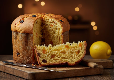 A slice of traditional Italian panettone with candied fruits and raisins. This sweet Christmas bread is served on a rustic wooden board with festive lights.の素材