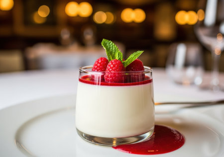 A delicious panna cotta dessert served in a glass. The traditional Italian pudding is topped with fresh raspberries, mint, and a red berry sauce.の素材