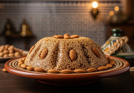 A traditional Moroccan dessert called Sellou or Sfouf. This sweet dish with sesame seeds, almonds, and honey is served on a rustic plate for Ramadan.の素材
