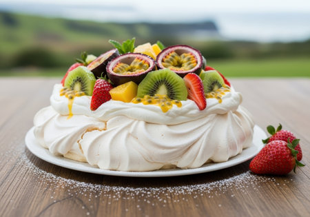 A delicious homemade pavlova dessert with a crisp meringue shell. It is topped with whipped cream, fresh kiwi, strawberry, and passion fruit.の素材