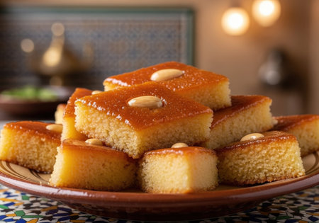 A traditional Arabic dessert, Basbousa. This sweet semolina cake is soaked in syrup and garnished with almonds, served on a plate for Ramadan.の素材