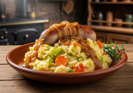 A rustic bowl of Belgian stoemp with sausage, mashed potatoes, carrots, and leeks. This traditional comfort food is topped with a rich gravy.の素材