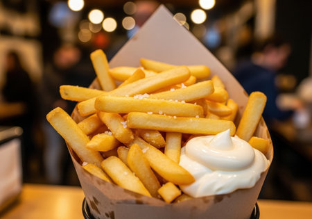 A close-up of delicious traditional Belgian fries, or frites, in a paper cone. This hot and crispy snack is served with mayonnaise and sea salt.の素材