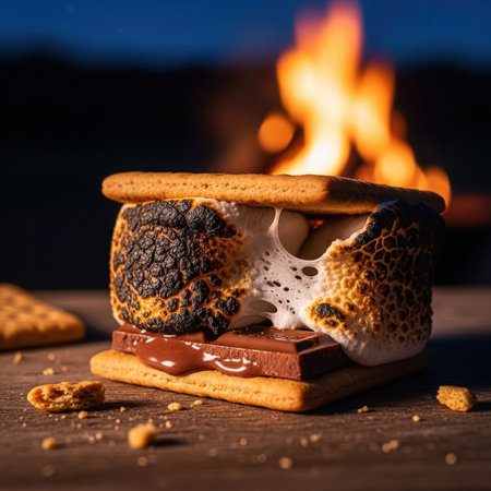 A delicious, gooey s'more with a toasted marshmallow and melting chocolate. This classic campfire treat is on a wooden table on a dark summer night.の素材